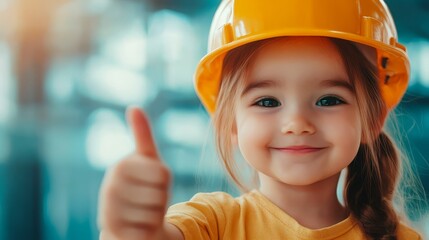 Happy Little Girl Construction Worker Wearing Hard Hat and Giving Thumbs Up