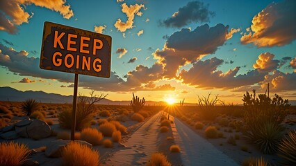 Desert Road with a Keep Going Sign