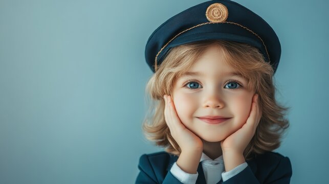 Cute little girl in pilot uniform with blue eyes