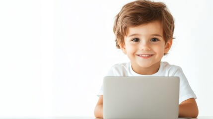 Happy Little Boy Using Laptop Computer  Smiling Child  Technology  Education