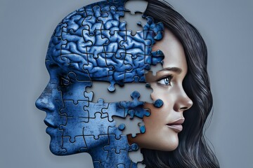 A human profile made of blue puzzle pieces partially disassembled symbolizes the process of self discovery and the complexity of identity in a modern minimalist design