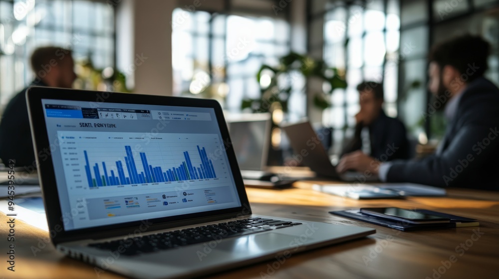Leinwandbilder A laptop displaying a bar graph on the screen is the foreground focus, while a team engaged in a meeting is seen in the background, symbolizing teamwork, data analysis, and corporate dynamics.