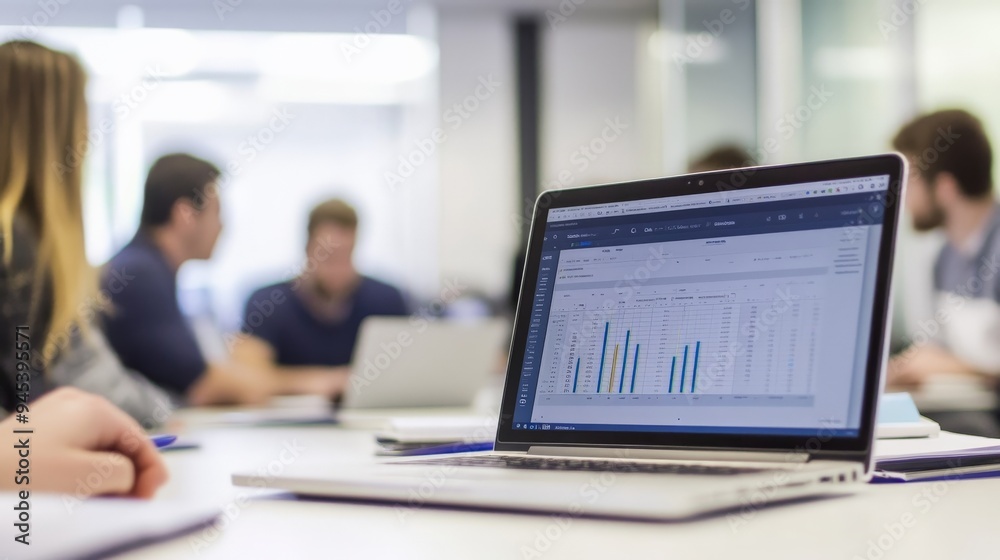 Fototapete a laptop featuring detailed bar charts on the screen is prominently highlighted, with a blurred team