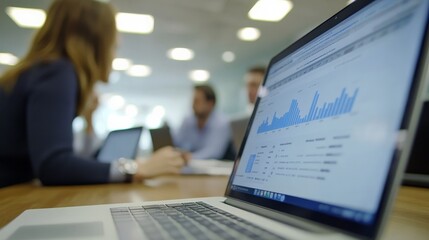 A team is engaged in an office meeting with a laptop displaying various data charts prominently in the foreground, representing data presentation, collaboration, and productivity.