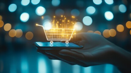 Online Shopping  E commerce  Digital Shopping Cart  Mobile Phone  Smartphone  Technology  Ecommerce  Digital  Future  Modern  Hand  Holding  Futuristi