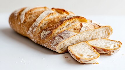 Fototapeta premium Golden, crusty bread loaf sliced and arranged on a clean white surface, highlighting its airy texture and artisanal quality, perfect for culinary stock imagery.
