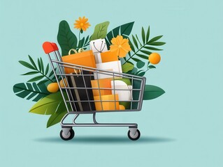 A vibrant shopping cart filled with colorful gifts and flowers, perfect for showcasing retail and festive themes.