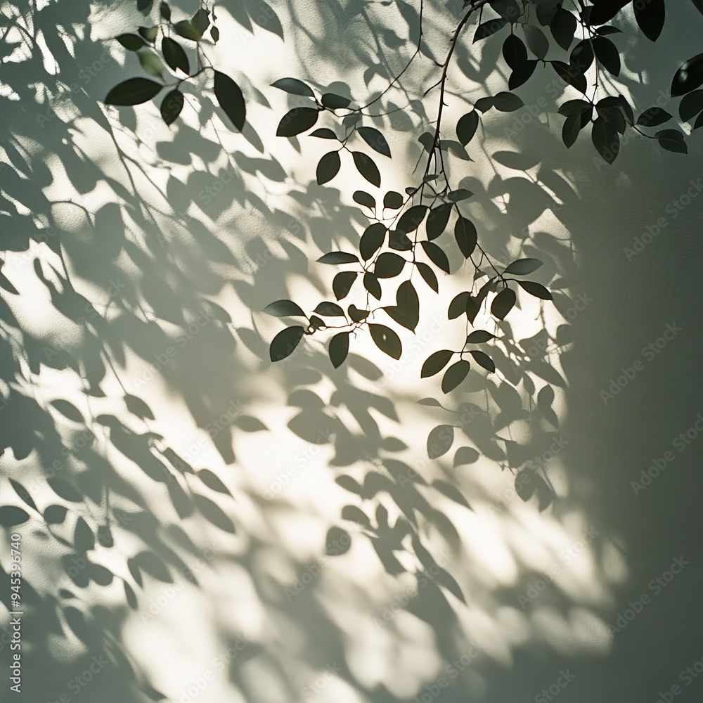 Aufkleber A blend of light and shadow as leaves cast patterns on a textured white wall, creating a soothing and visually appealing composition of natural elements.