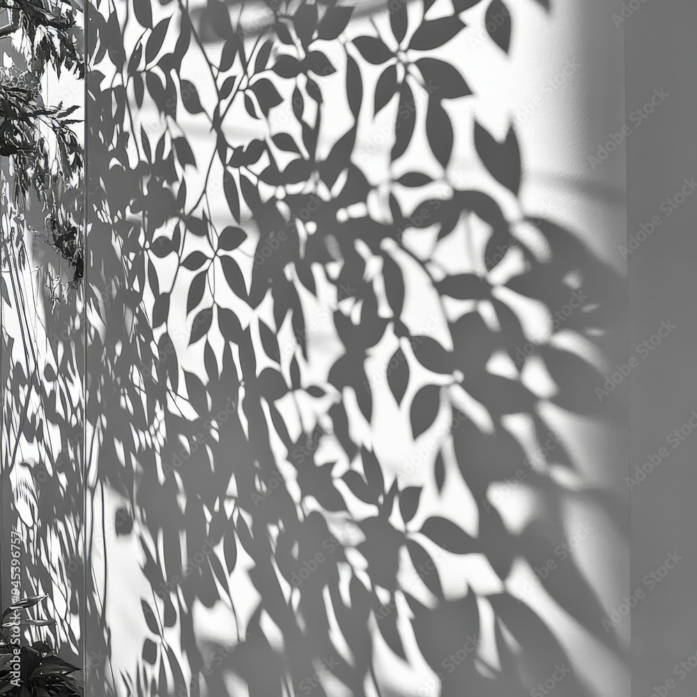 Poster an artistic black and white image showcasing the shadows of leaves against a pristine wall, highligh