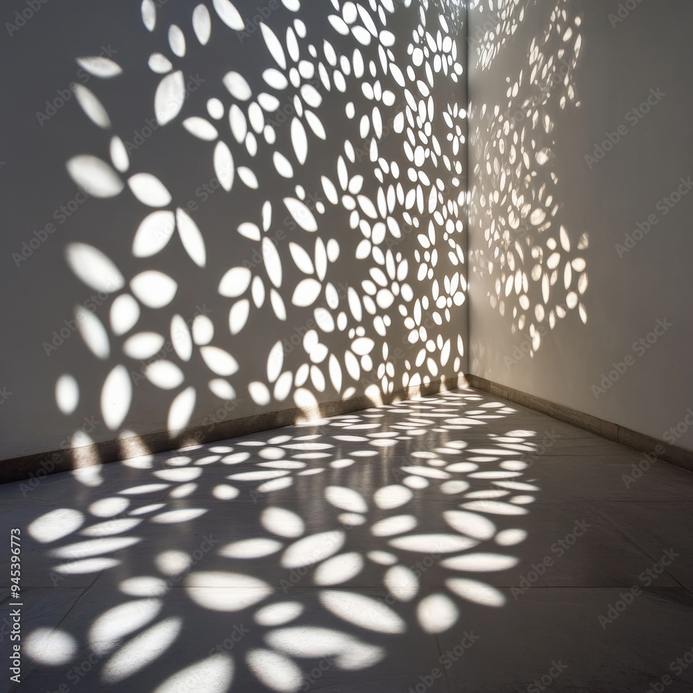 Poster a decorative display of floral leaf shadows forming intricate patterns on a white surface, casting a