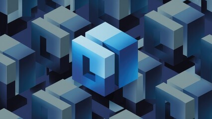 Seamless pattern design featuring an inverted blue tone 3D cube, ideal for fabric printing or wallpaper applications, showcasing an abstract blue aesthetic.