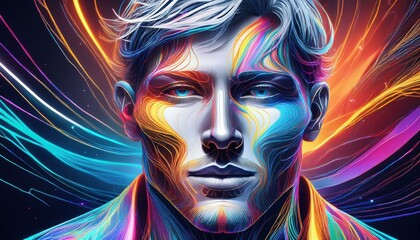 Vibrant face sketch with abstract shapes swirling around, colors blend dreamily.