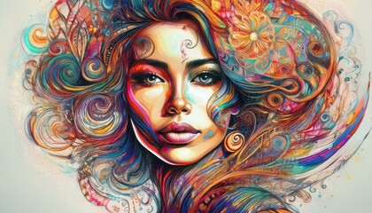 Vibrant face sketch with abstract shapes swirling around, colors blend dreamily.