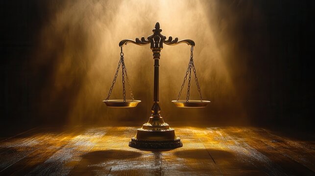 dramatic spotlight illuminating a golden scale of justice on a rich wooden surface moody atmosphere with deep shadows symbol of law and fairness