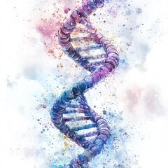 A colorful watercolor depiction of a DNA helix that artistically blends the precision of science...