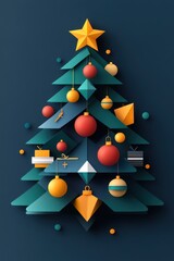 Colorful geometric Christmas tree design featuring ornaments, gifts, and a star, perfect for holiday-themed projects.