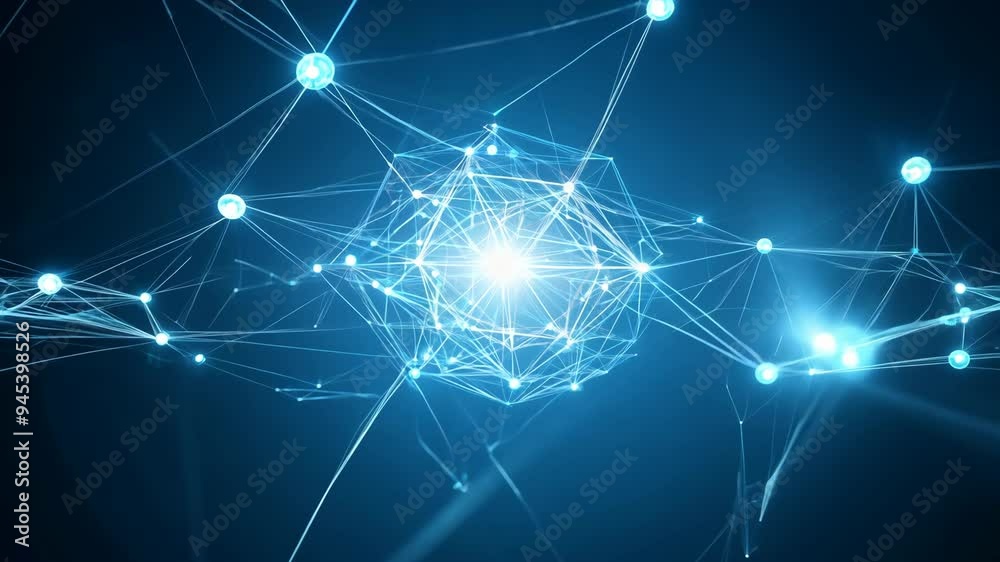 Poster exploring an abstract network of interconnected nodes glowing in a deep blue space