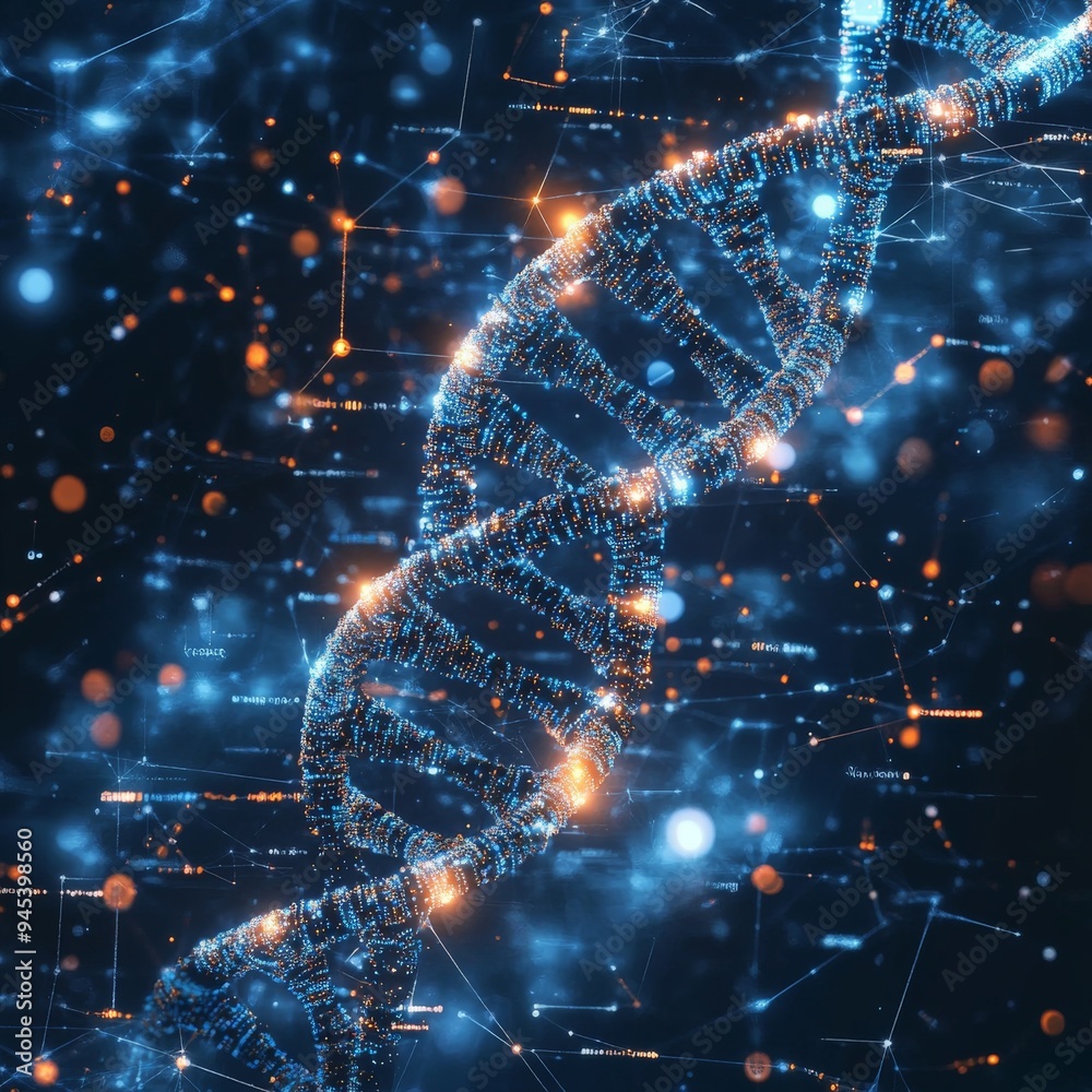 Aufkleber A dynamic visualization of a DNA strand interconnected with a digital data network, representing the fusion of genetics and technology with a futuristic artistic perspective.