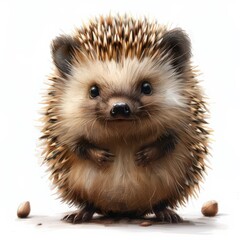Obraz premium A close-up illustration of a brown hedgehog standing on a white background. The hedgehog has small, black eyes and a cute, round nose