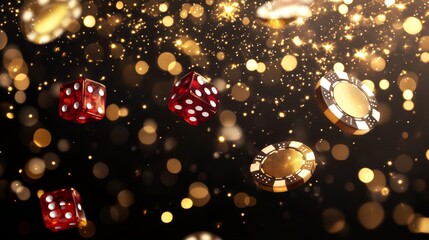 Falling golden poker chips, dice, and cards on black background with sparkling bokeh effects