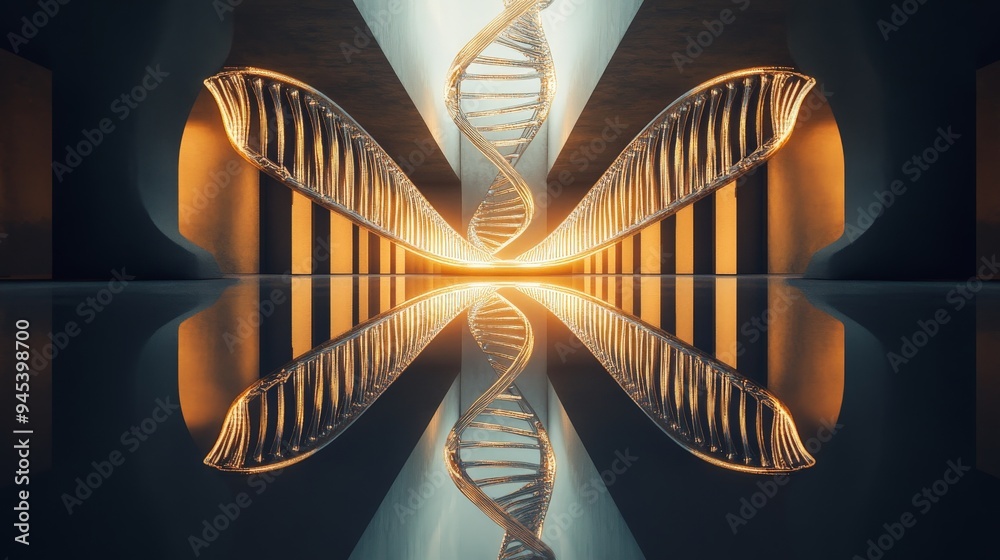 Poster A reflective, golden DNA helix is displayed centrally in a majestic architectural space, representing the intertwining of scientific discovery with human artistic expression and architecture.