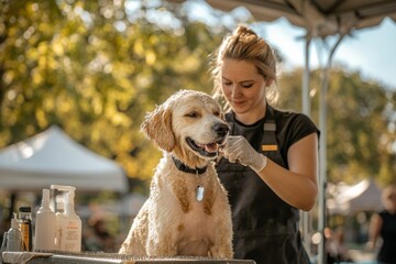 A happy dog enjoys a refreshing bath and grooming session from a dedicated caregiver, exemplifying pet care, hygiene, and the bonding experience between pets and their carers.