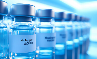 Close-up of a row of vials labeled "Monkeypox vaccine," symbolizing vaccination and disease prevention efforts.