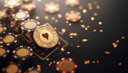 Fototapeta premium Elegant poker design template featuring golden cards and chips on a dark casino background