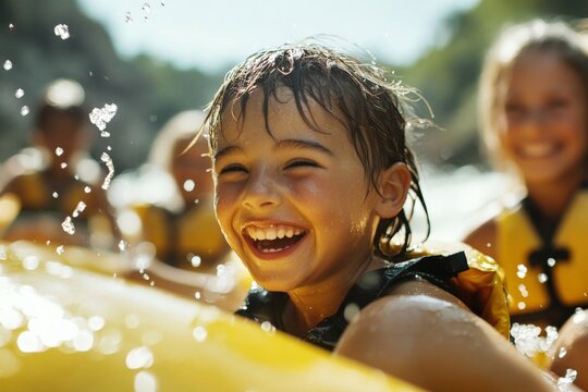Young children delightedly engaging in a splashy and adventurous rafting trip, captured with smiling faces, wet hair, and bright life jackets, under the sunny sky.