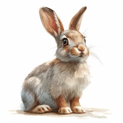 Obraz premium A watercolor illustration of a small, brown rabbit sitting on a white background, looking up with large, brown eyes