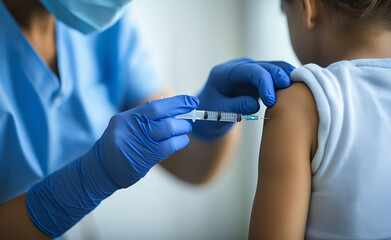 A healthcare professional administering a vaccine injection to a young child, emphasizing immunization and care.
