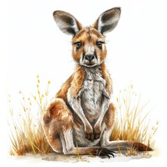 A watercolor illustration of a young red kangaroo sitting upright in tall grass, with a curious expression on its face