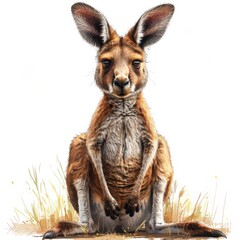 A red kangaroo sits with its paws crossed, staring curiously at the viewer in a grassy outback setting