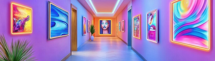 Hallway filled with eclectic art pieces and neon signs, illuminated by soft ambient light, Pop Art, Warm Tones, Digital Art