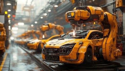 Robotic Welding at the Cutting Edge: Generative AI Showcases a High-Tech Factory Scene with Advanced Stage Design and Cinematic Lighting