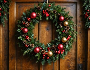 A close-up of a beautifully decorated Christmas wreath hanging on a wooden door, with natural light highlighting its textures