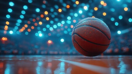 dynamic lowangle view of basketball arena focusing on ball suspended midair crowd blurred in background stadium lights creating dramatic atmosphere