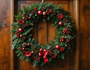 A close-up of a beautifully decorated Christmas wreath hanging on a wooden door, with natural light highlighting its textures