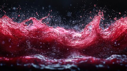 dynamic splash of red wine frozen in time forming an intricate sculpture of droplets and tendrils against a stark black background illuminated by dramatic side lighting
