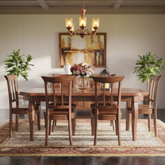 room interior with table,Dining room with a table in the center and a lamp.