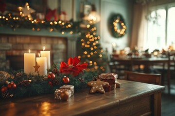 Festive Christmas mantle decorated with a wreath, candles, and wrapped gifts, creating a cozy holiday atmosphere.