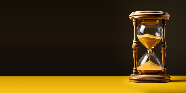 vintage hourglass, sandglass isolated on dark black background for time wasting concept, lost of time and the importance of time management with sand falling