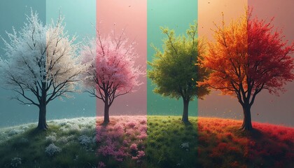 illustration of a tree on a hill in different seasons,