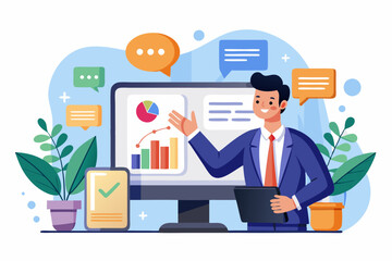 Online presentation webinar, conference or online seminar, consultation or data analyzing meeting, business discussion, financial expertise concept, businessman on computer screen presenting data.
