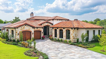 Obraz premium A large luxury home with a stone facade and terracotta roof.