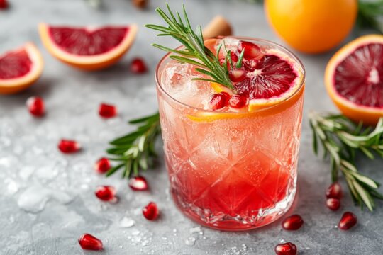 Festive holiday cocktail with pomegranate and blood orange garnish.