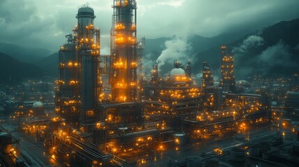 Fototapeta premium Oil refinery with advanced catalysts, detailed machinery, high-tech environment
