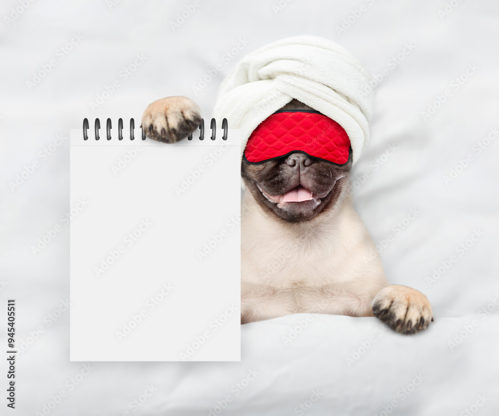 Poster pug puppy wearing sleeping mask lying under white blanket on a bed at home and showing blank notepad