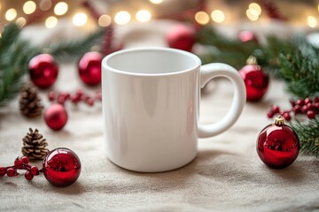 Festive coffee mug surrounded by pinecones and holiday decorations, creating a cozy Christmas atmosphere.