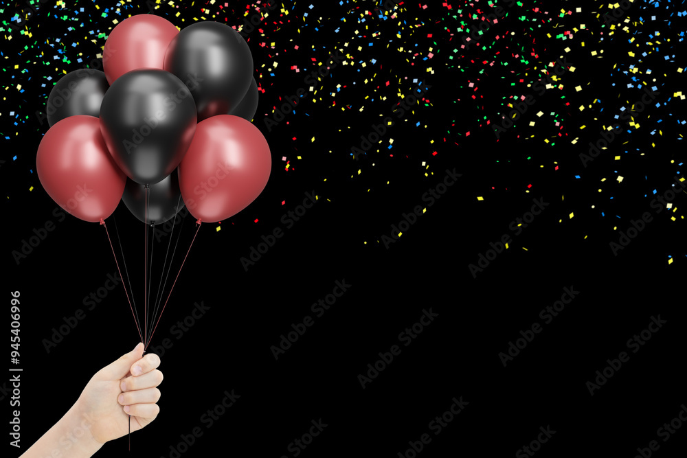Poster female hand holds bunch of red and black balloons on blsck background with confetti. empty space for
